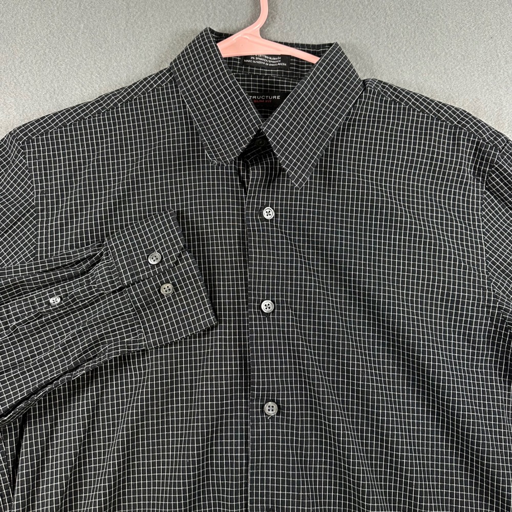 Structure Mens Slim Fit Button Down Shirt Black White Grid Check M 15-15.5 32/33